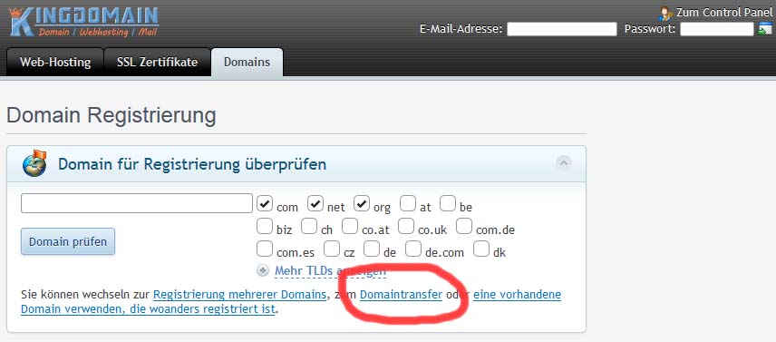 Domain Transfer zu Kingdomain